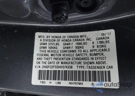 2017 Honda Civic Lx из США, поврежденный, VIN 2HGFC2F55HH574358